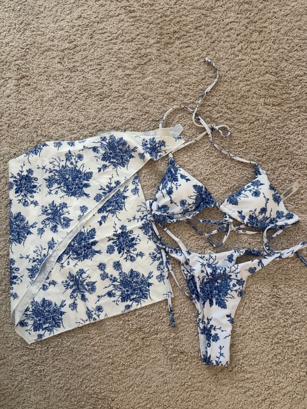 Blue & White Floral Triangle Bikini Set with Sarong (never wore)